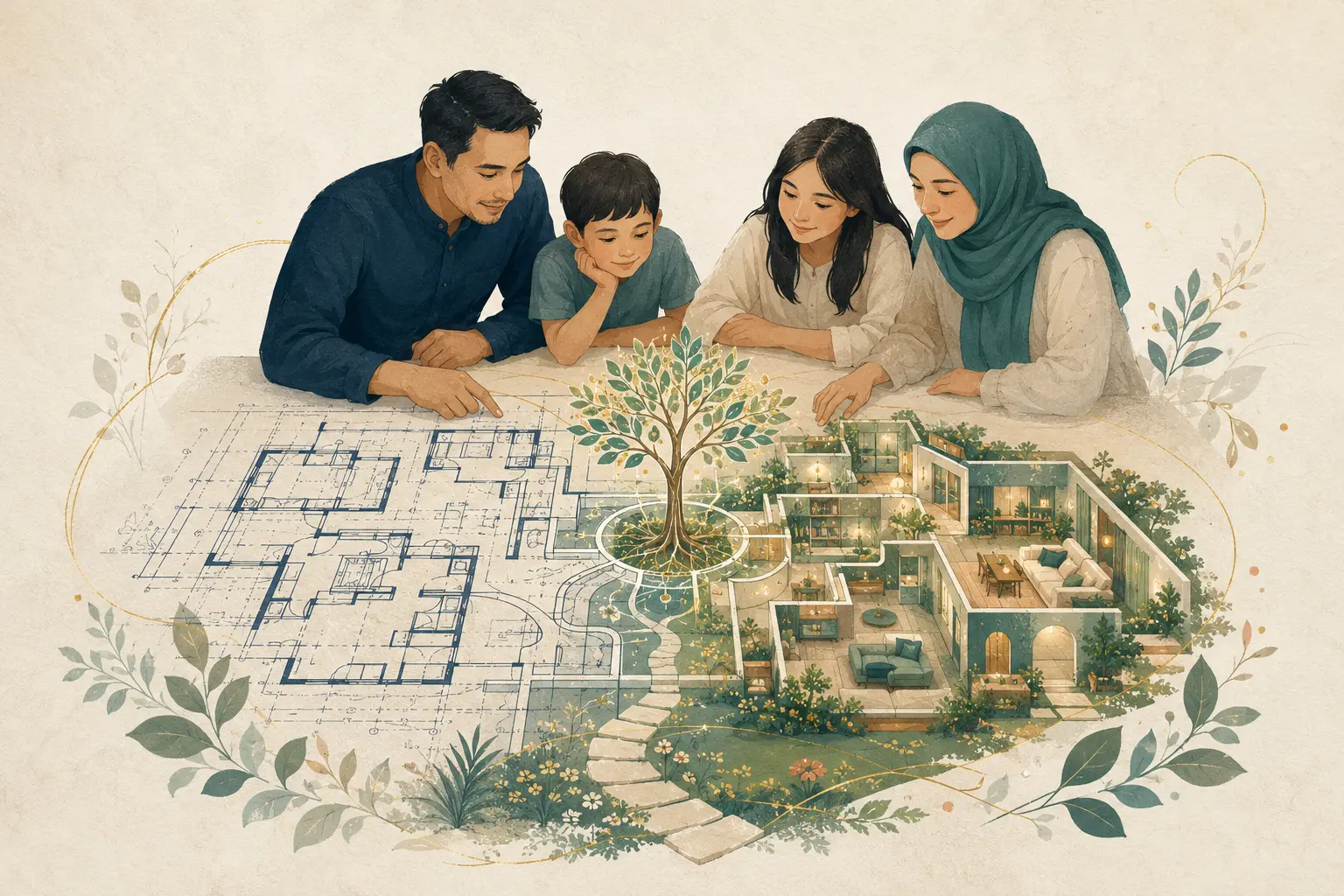 Keluarga menyusun blueprint pertumbuhan untuk membangun rumah dan sistem keluarga bersama