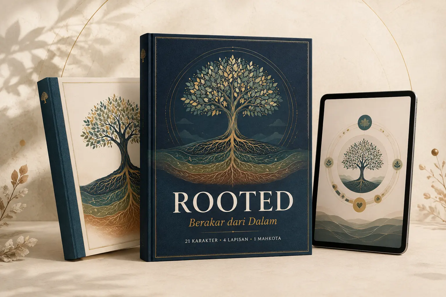 Mockup landscape produk ROOTED berupa handbook, workbook, dan materi digital untuk 21 karakter, 4 lapisan, dan 1 mahkota