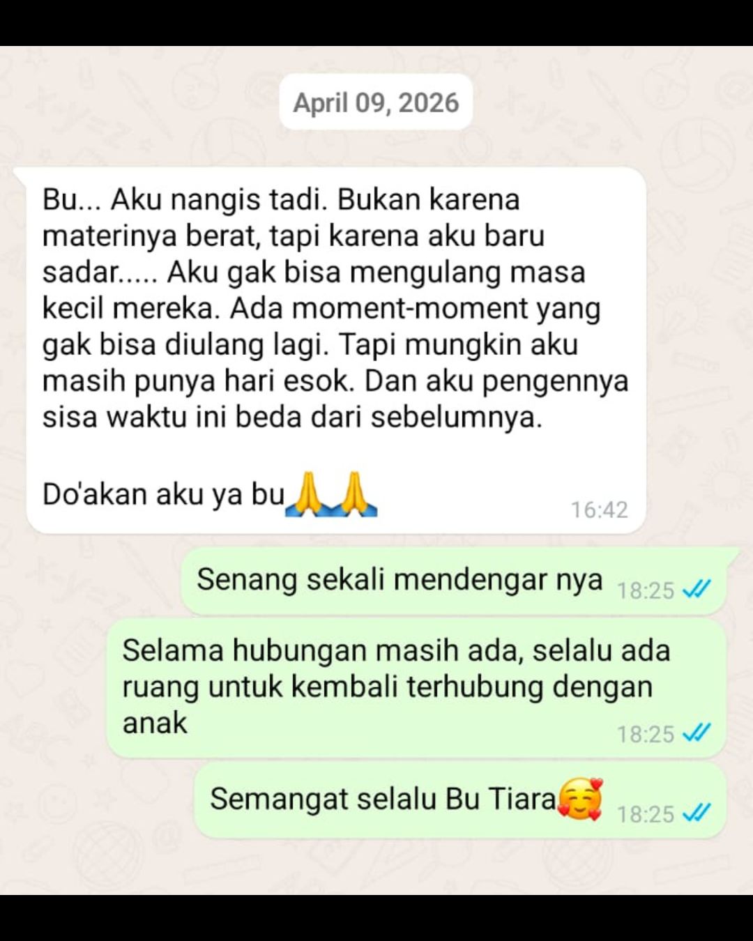 Pesan WhatsApp peserta — aku pengennya sisa waktu ini beda dari sebelumnya